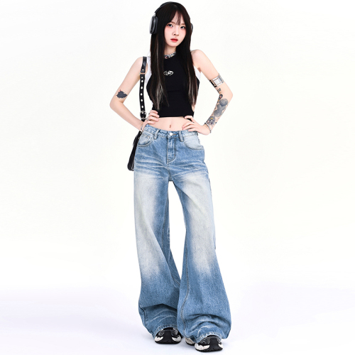 Real shot creased distressed washed jeans summer 2024 new floor-length slimming loose straight wide-leg pants