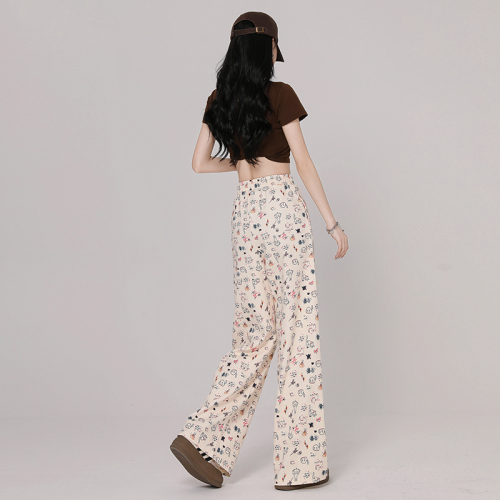 Actual shot of new spring high-waisted drawstring bleating puppy print loose lazy casual pants