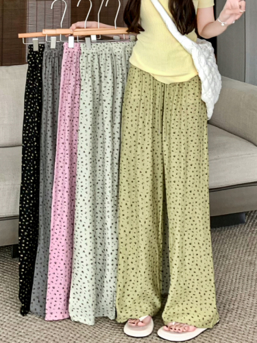 Real shot of floral wide-leg pants for women, loose high-waisted pants, 2024 new casual pants, floor-length pants
