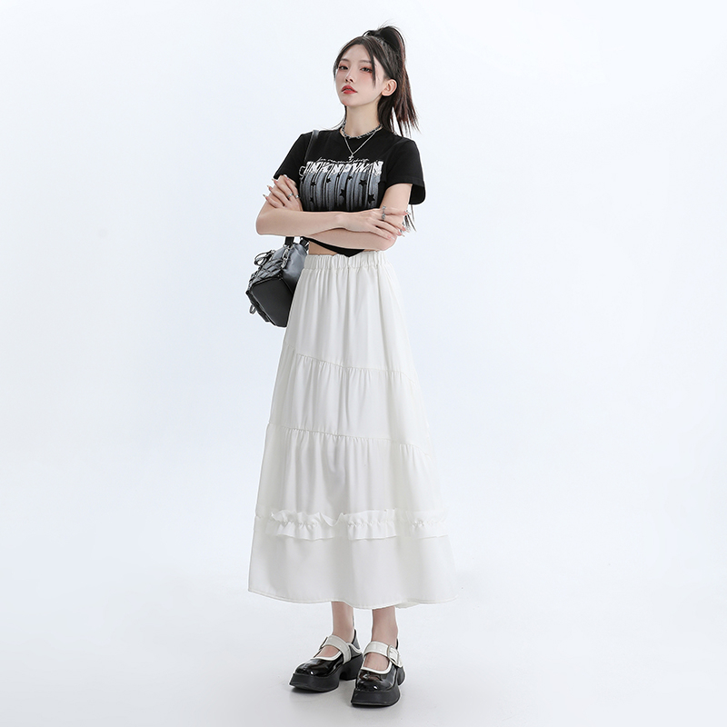 Real shot of 2024 spring and summer retro sweet and versatile cake skirt A-line skirt drapey casual long skirt