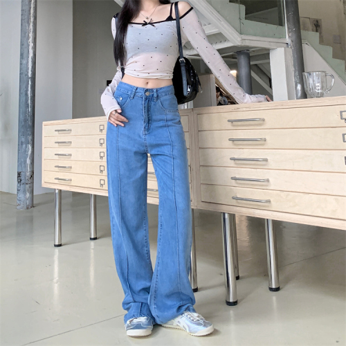 Real shot of ultra-thin Tencel jeans for women, high-waisted loose straight pants, versatile floor-length trousers