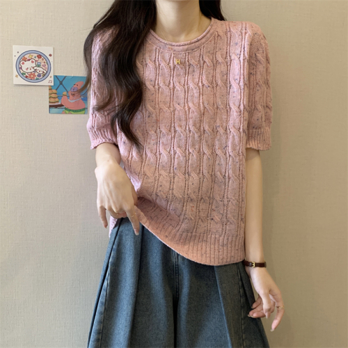 Actual shot of the new Korean style curled round neck colorful twist high-end knitted short-sleeved T-shirt top for women