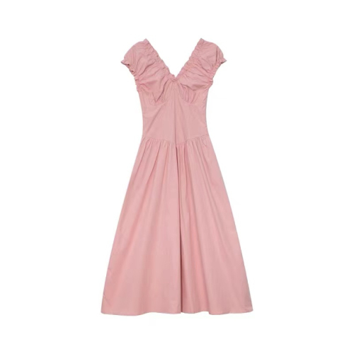 Gentle style design, slim puff sleeves v-neck dress, summer 2024 new pleated French waist long skirt