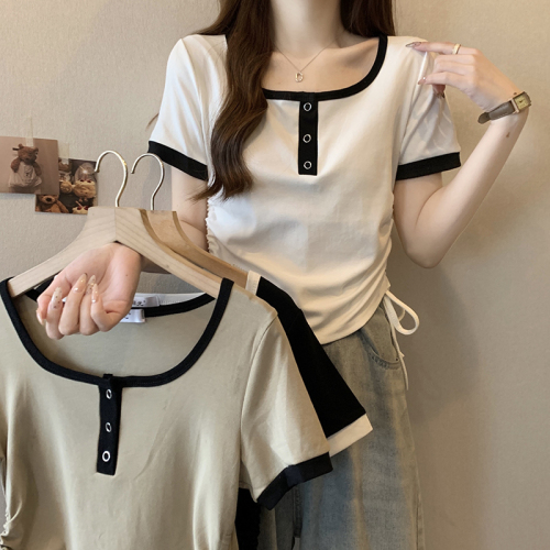 Actual shot of 2024 new summer clothes for fat mm, versatile slimming sweet girl square neck drawstring contrasting color top T-shirt