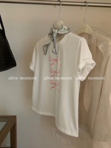 alive moment 2024夏季新款韩系减龄百搭蝴蝶结设计感短袖T恤女