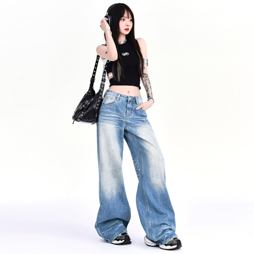 Real shot creased distressed washed jeans summer 2024 new floor-length slimming loose straight wide-leg pants