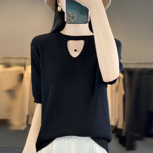 Real shot!  !  There’s a big picture!  2024 spring and summer new style sweater heavy industry beading pit strip short-sleeved t-shirt for women