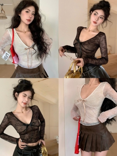 Real shot of summer hot girl style retro design niche V-neck bow lace shirt women's waist slimming top