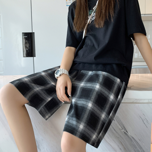 Real shot summer Korean style loose street fashion brand high waist versatile plaid casual sports pants for women