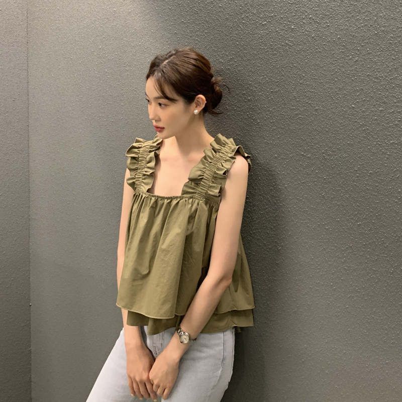 韓國chic夏日bi入可愛小眾設計感前短後長荷葉邊背心上衣女