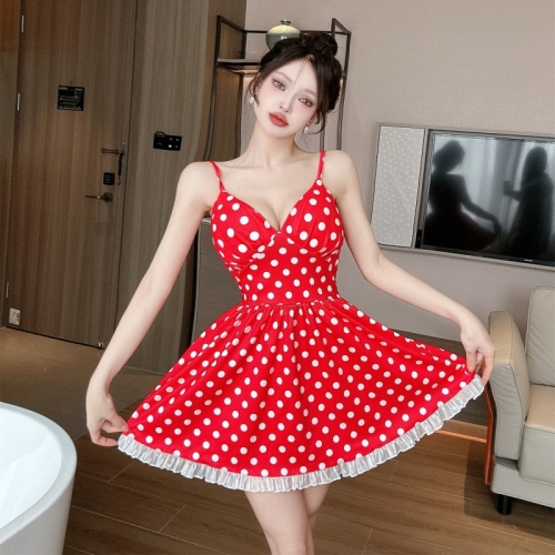 Real shot of sexy polka-dot print big swing suspender bottoming waist dress