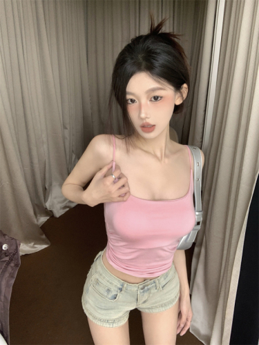 Real shot of sexy hot girl camisole summer slimming short style inner wear with breast pad pink outer wear