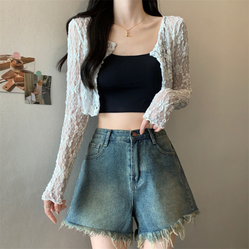 Real shot of white V-neck long-sleeved sun protection lace shirt pure desire see-through short style slimming outer cardigan top trendy