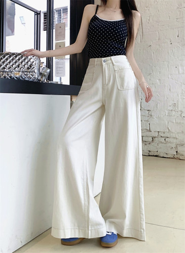 Actual shot ~ American white wide-leg jeans for women, high-waisted, loose, slimming, straight-leg drapey floor-length trousers