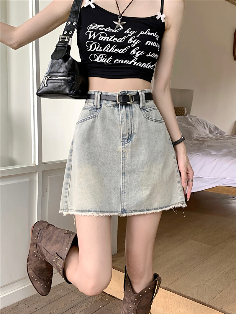 Actual shot ~ Summer new high-waisted slimming nostalgic retro blue anti-exposure A-line raw edge denim short skirt for women