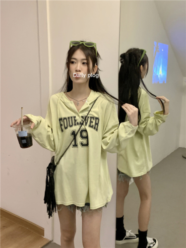 Actual shot Korean style letter printed pullover T-shirt sun protection clothing for women spring and summer loose long-sleeved thin hooded top