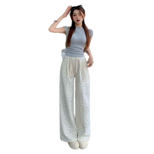 Actual shot of new spring high-waist drawstring small floral print loose lazy casual pants