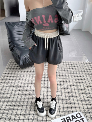 Real shot of high quality twill loose women's shorts summer new wide leg pants color matching hot pants casual pants