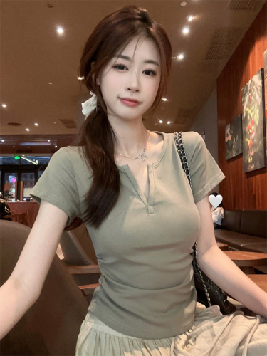 Real shot Korean chic simple summer waist slimming multi-color right shoulder top T-shirt