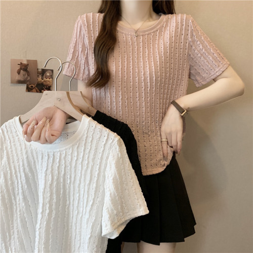 Actual shot of 2024 summer style, age-reducing, textured shirt, versatile slimming short-sleeved right-shoulder T-shirt top