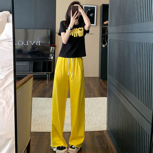 时尚运动套装女2024夏季韩版字母短袖阔腿裤长裤休闲减龄两件套潮