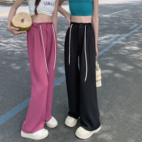 Actual shot ~ Korean style summer new design drawstring high waist slimming solid color casual pants wide leg pants