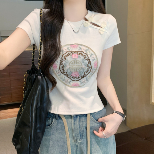 新中式国风盘扣重工刺绣短袖T恤女2024夏季新款修身显瘦短款上衣