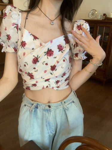 Real shot~French floral cross-tie design waisted short shirt~