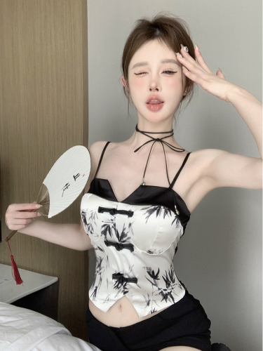 ****~Real shot of Chinese-style Chinese-style printed retro buckle short camisole for women with breast pads