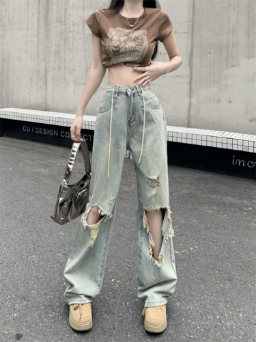 Actual shot of Korean-style temperament washed wide-leg jeans for women spring 2024 new design chic floor-length long pants