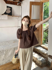 Actual shot ~ Simple solid color basic puff sleeve lace-up shirt