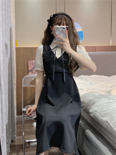 Real shot of summer new style French Hepburn style mid-length dress fake two-piece short-sleeved bottoming skirt women's dress