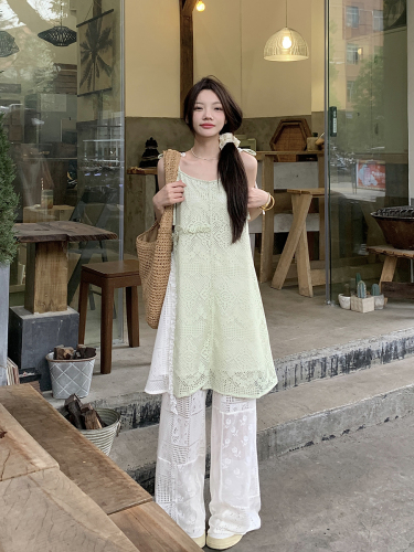 Real shot of retro color matching 2-sided irregular suspender skirt + hollow lace straight wide-leg trousers two-piece suit