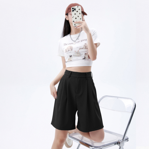 Real shot of suit shorts for women in summer thin 2024 new high-waisted loose wide-leg pants casual straight pants