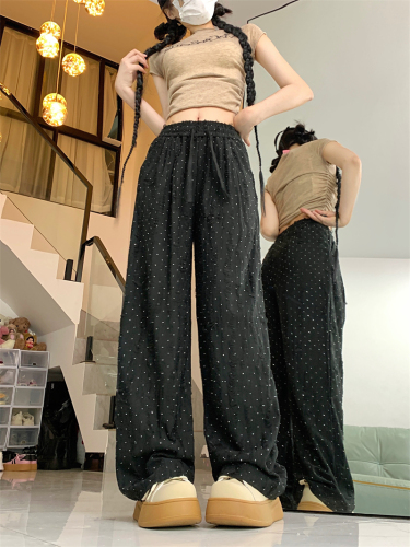 Actual shot of 2024 spring and summer new style textured wide-leg trousers for women high-waisted elastic waist loose casual pants