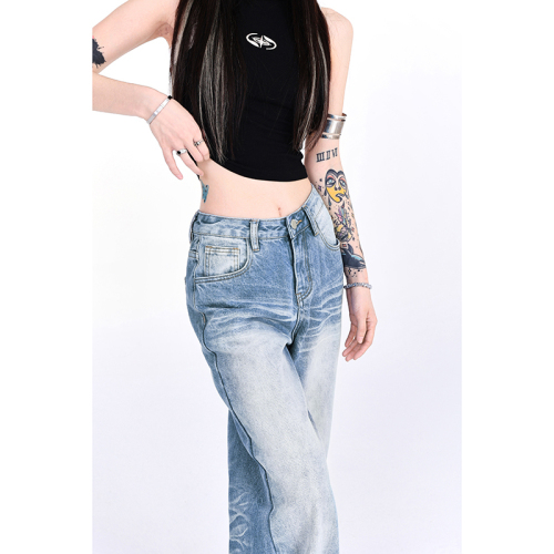 Real shot creased distressed washed jeans summer 2024 new floor-length slimming loose straight wide-leg pants