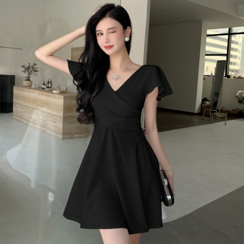 Real shot of sexy v-neck flying sleeves wide swing waist bottoming dress