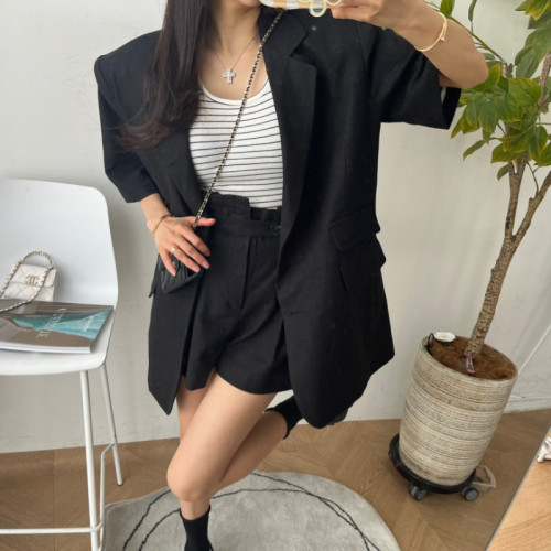 Original cotton and linen blazer women's suit + two-button waist wide-leg shorts suit