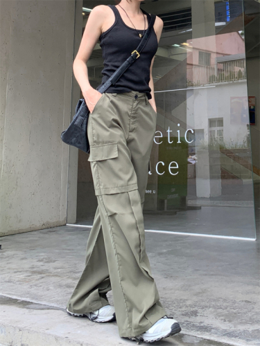 Actual shot of new retro workwear floor-length casual high-waisted loose and versatile trousers