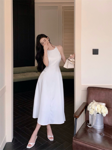 Real shot of French sleeveless three-dimensional tailoring slim dress high-end mid-length extra large hem A-line skirt dress