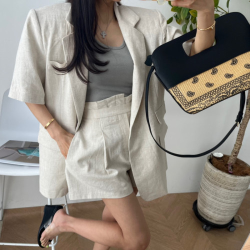 Original cotton and linen blazer women's suit + two-button waist wide-leg shorts suit