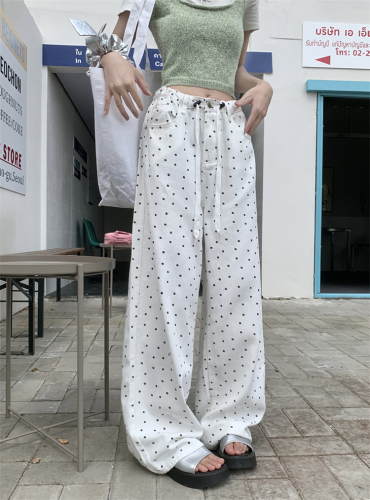 Actual shot ~ Retro polka-dot drawstring jeans for women, high-waisted, loose, slimming, wide-legged, casual floor-length trousers
