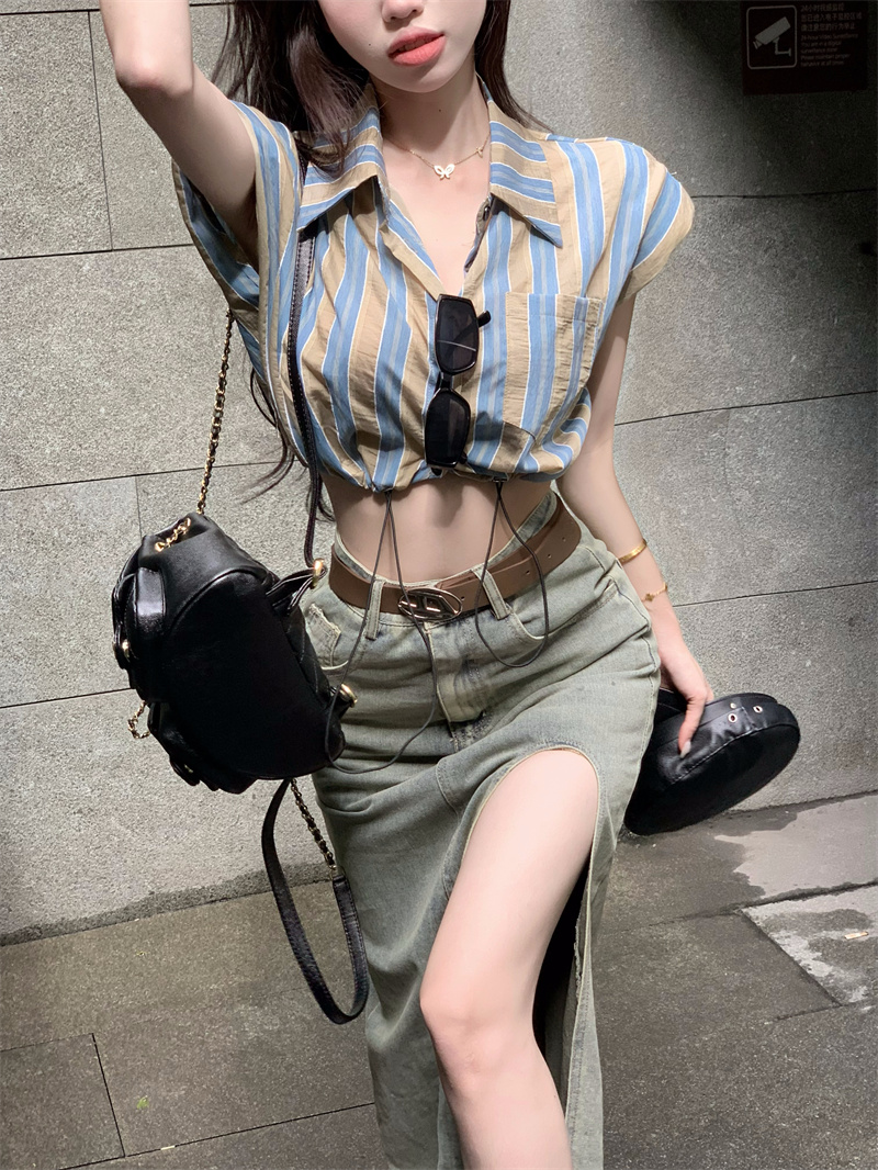 Real shot French striped shirt top, high waist slit denim long skirt, skirt suit