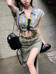 Real shot French striped shirt top, high waist slit denim long skirt, skirt suit