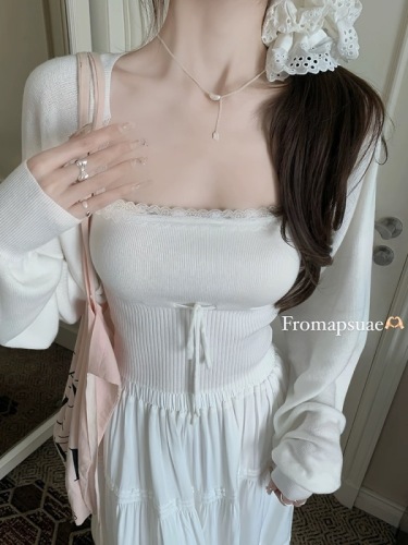 白水女慵懒套组绑带吊带背心女灯笼袖开衫修身显瘦设计感套装