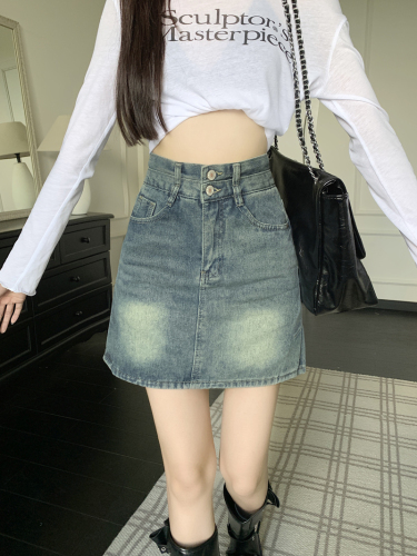 Real shot~Real size double waist high waist slim versatile casual skirt anti-exposure denim A-line skirt