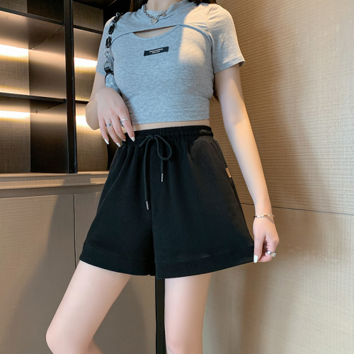 Real shot summer Korean style loose mini high-waisted versatile wide-leg pants casual sports pants hot pants for women