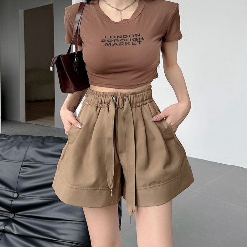 Real shot of twill silk elastic high waisted wide leg pants for women summer loose slimming casual shorts