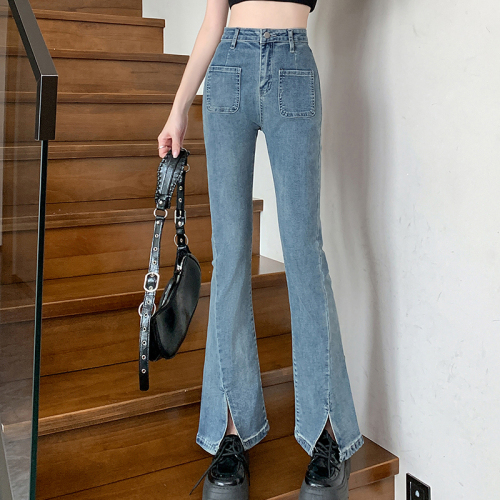 Real shot ~ Retro high-waisted slit micro-flare sweet and cool style pants for women slimming front pocket stretch jeans