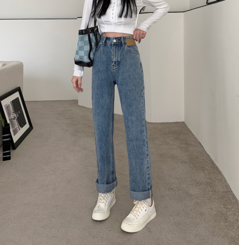 Real shot of spring and autumn denim blue loose high-waisted wide-leg pants 2024 new jeans